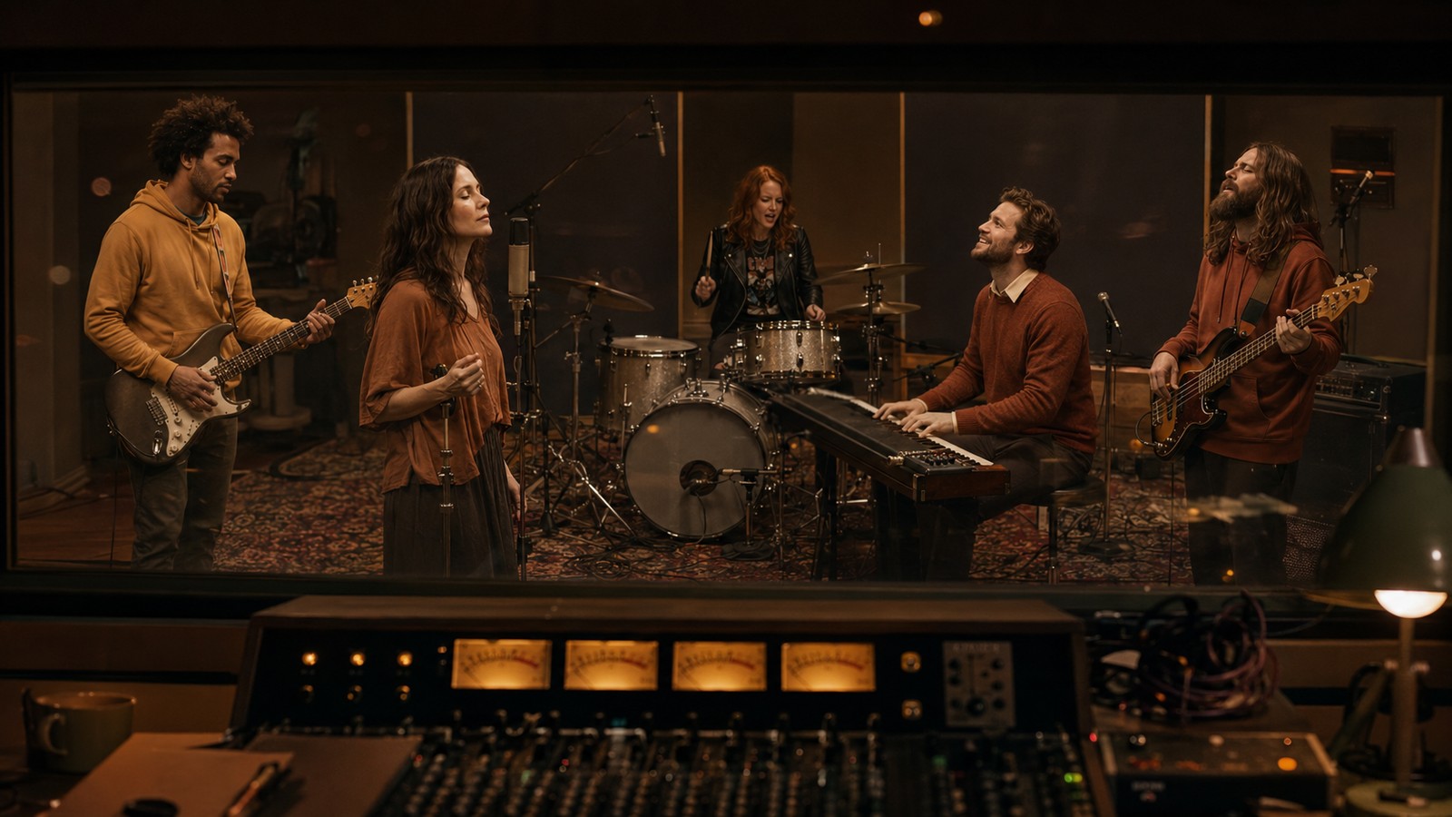 Los cinco miembros de Dicotom-IA tocando en una sesión de estudio: Robert, Asia, Claudia, Esteban y Braulio